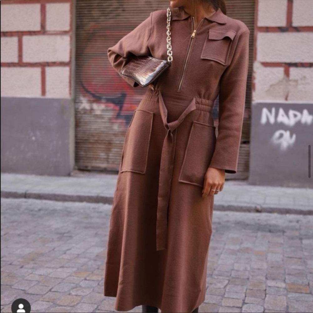 Zara Brown Long Sleeve Dress with Zip Front and Tie Waist